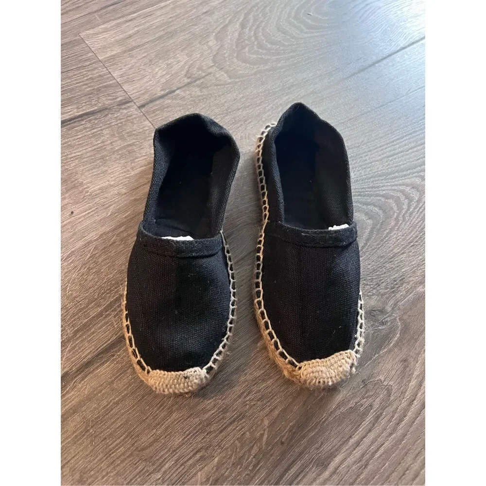 Cousu Main Kids Flat Slip On Canvas Espadrilles Black